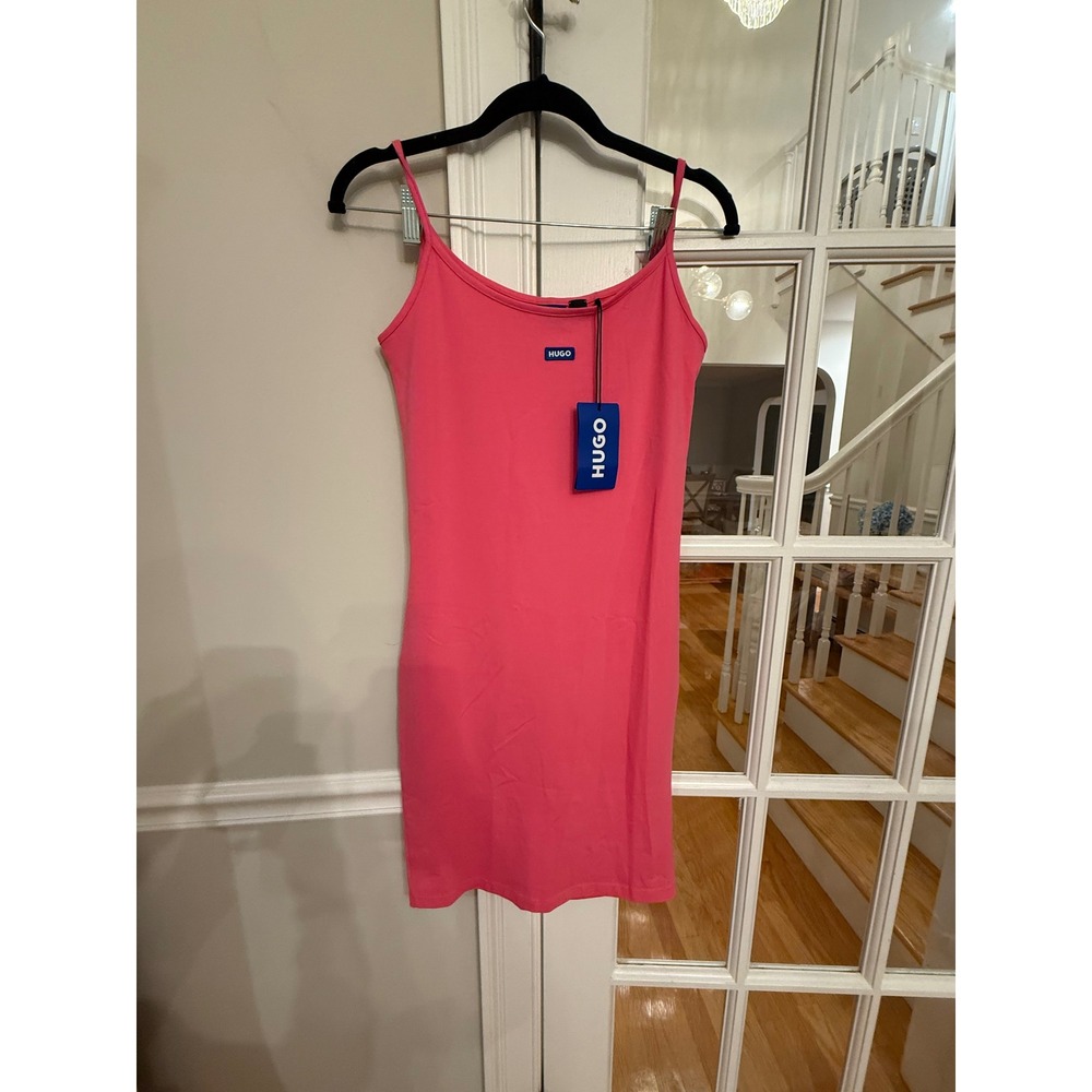 Hugo Pink Cami Mini Dress Women Medium Blue Logo Patch Stretch Bodycon NWT
